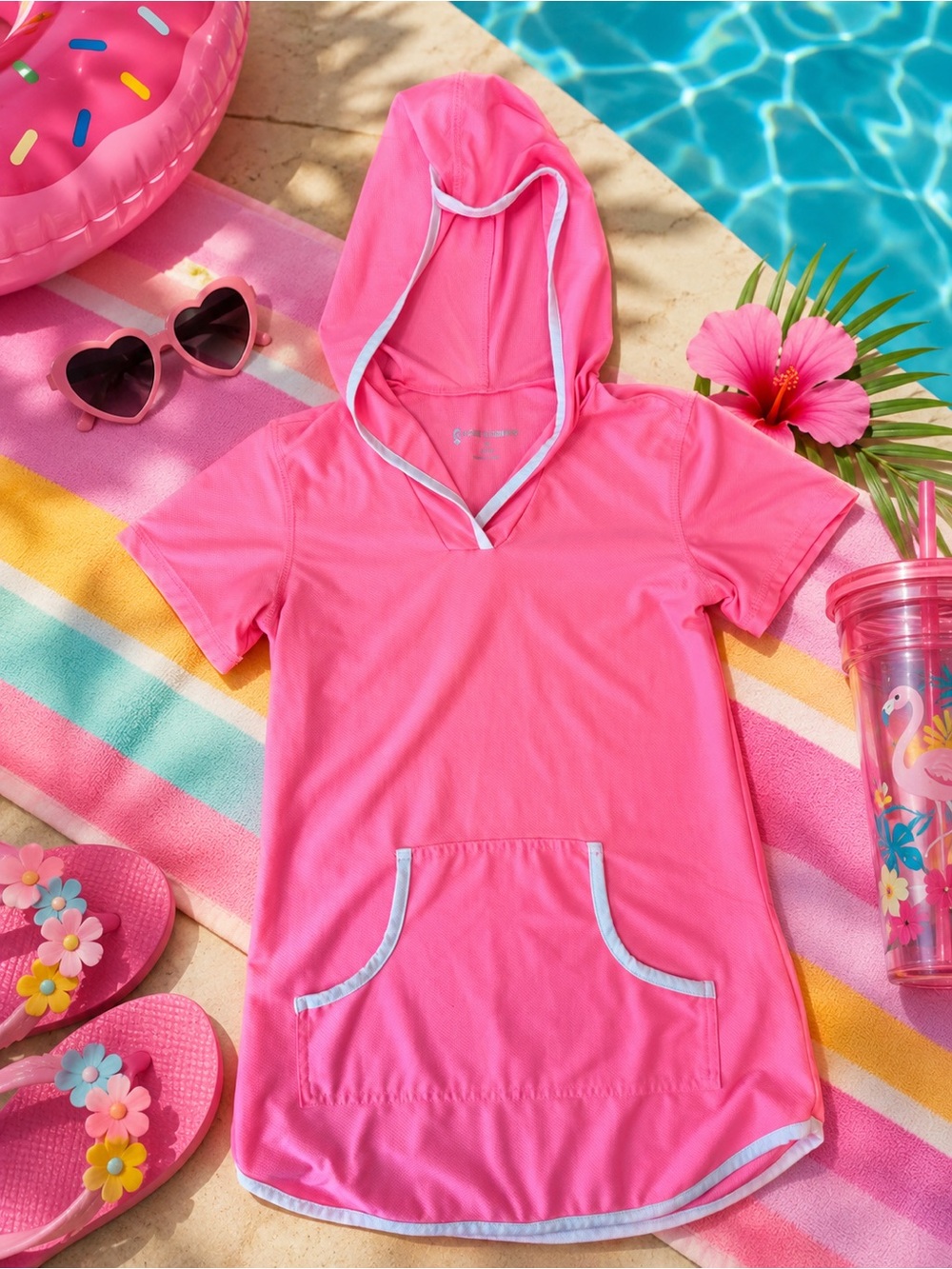Free Country Bright Pink Hooded Kids Swim Coverup